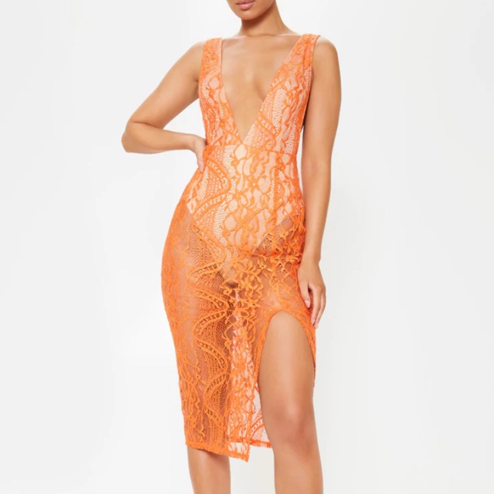 Pretty Little Thing Bright Orange Lace Midi Dress